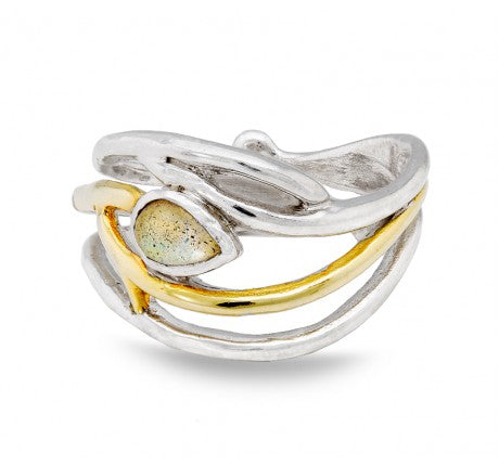 A Peacock Ring in various gemstones featuring a unique organic design with intertwining bands, one of which is gold-plated. The elegant dainty ring by Gallardo & Blaine Designs is accented with a pear-shaped, iridescent labradorite stone set in the center
