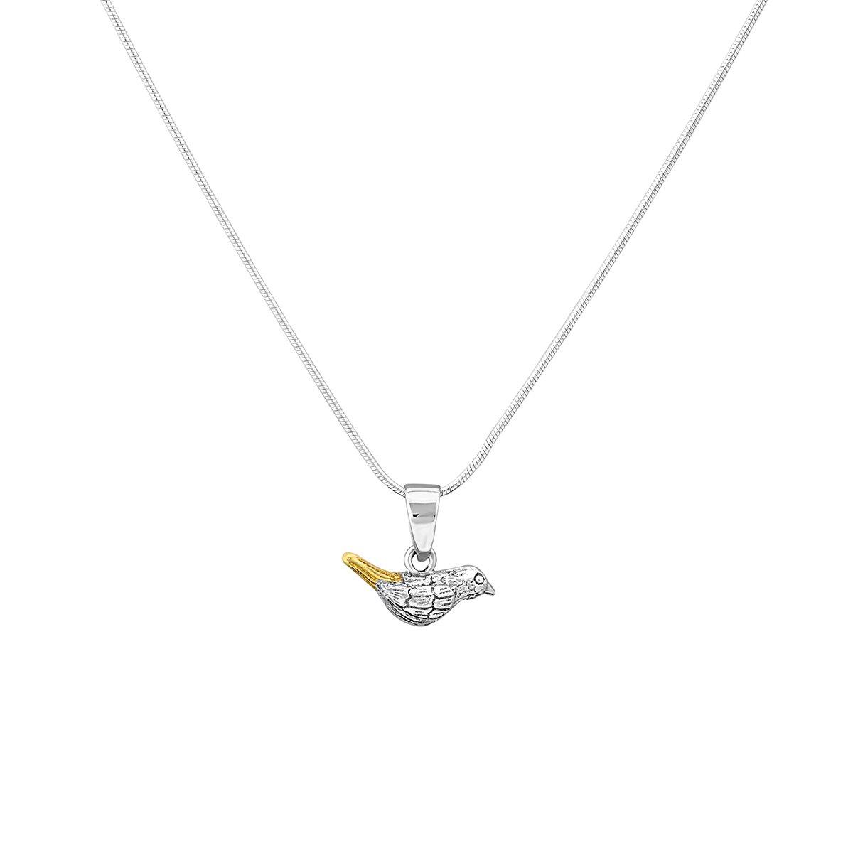A delicate silver necklace from our Wildlife Collection features a small robin pendant. The bird is primarily silver, with a golden tail. The minimalist and elegant design is suspended on a thin, snake chain against a plain white background. This exquisit