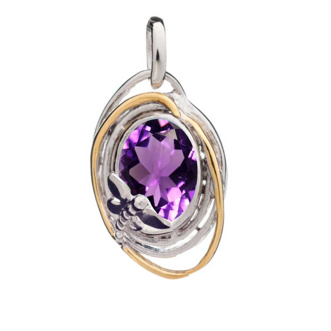 The Lagoon Pendant Small by Gallardo & Blaine Designs features a vibrant gemstone in an elegant silver setting, accented with a delicate dragonfly and gold swirl, making it a unique and eye-catching necklace.