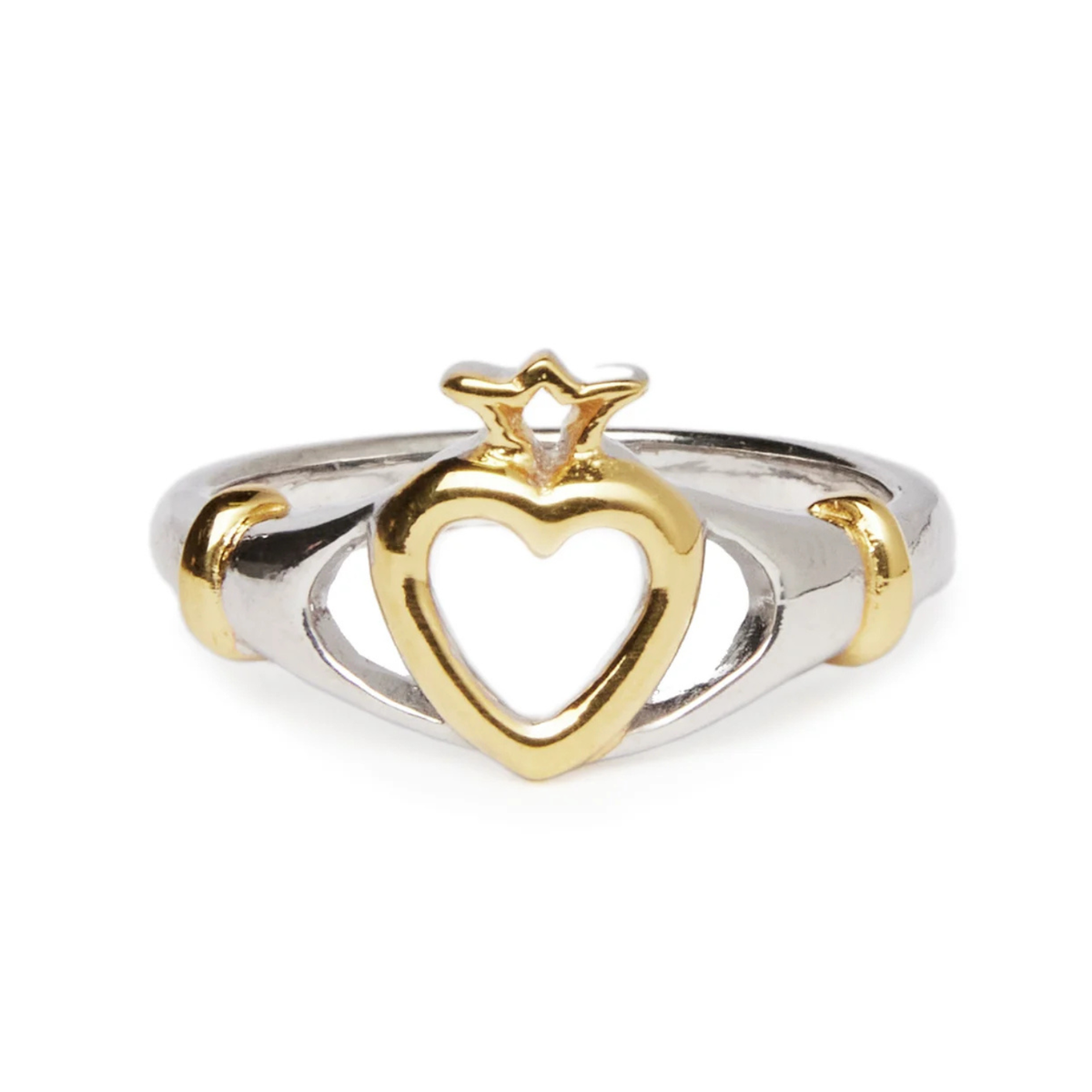 The Watermelon Tropical Lorien Ring showcases a heart-shaped centerpiece adorned with a crown. The heart and crown are gold vermeil, while the ring band is all-silver with delicate gold accents flanking the heart. The design is intricate and elegant.