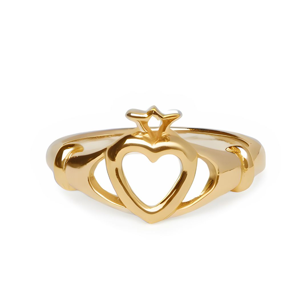 The Lorien Ring by Watermelon tropical is a gold vermeil Claddagh design with two hands holding an open heart crowned above, symbolizing love, loyalty, and friendship.