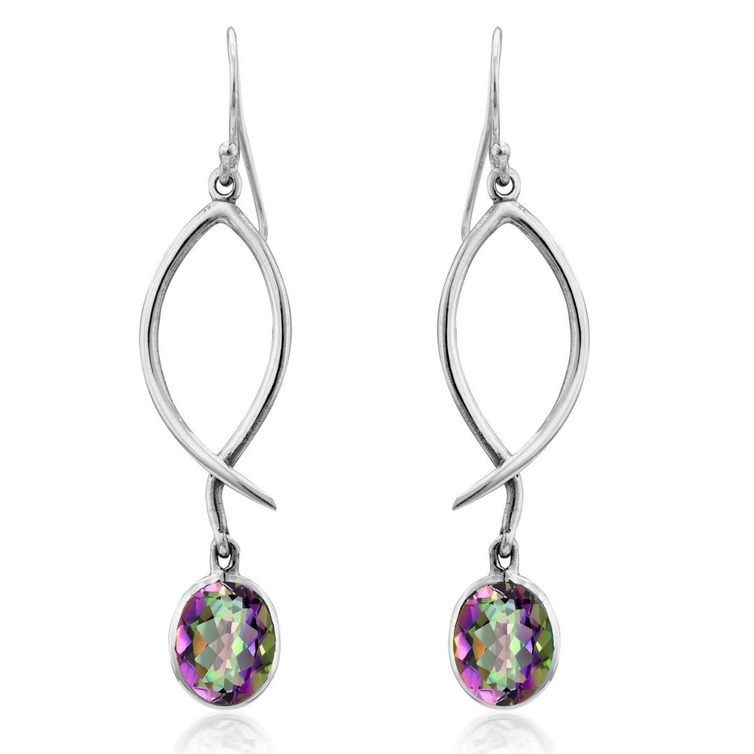 The Lupin Earrings by Gallardo & Blaine Designs are lightweight silver drops with an open marquise shape, accented by a faceted oval gemstone in iridescent green and purple.