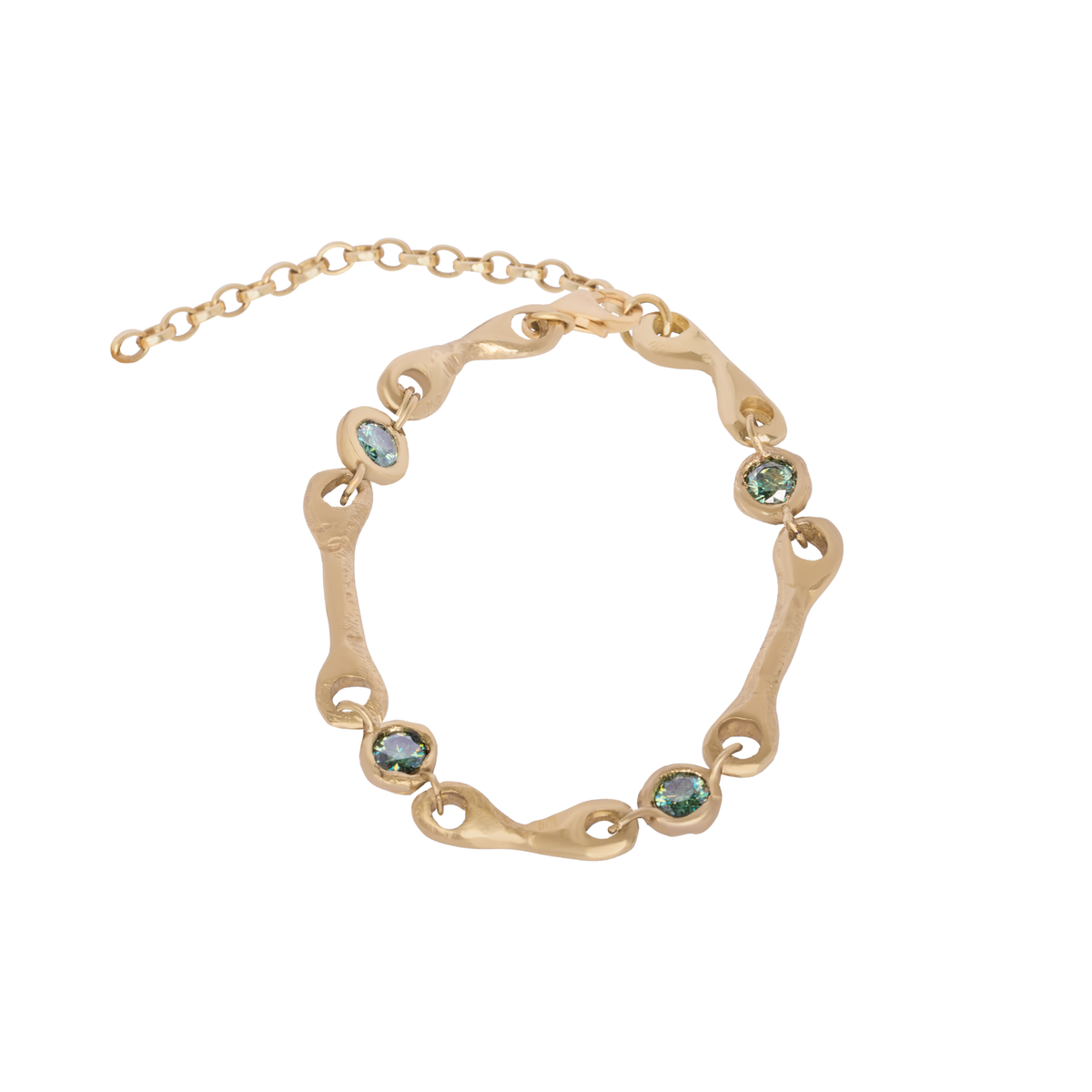 Introducing the Madeleine Blaine Relic Bracelet: an exquisite gold bracelet featuring an adjustable chain, distinctive wavy links, and six round green gemstones. This stunning piece of gemstone jewelry perfectly blends timeless elegance with modern design