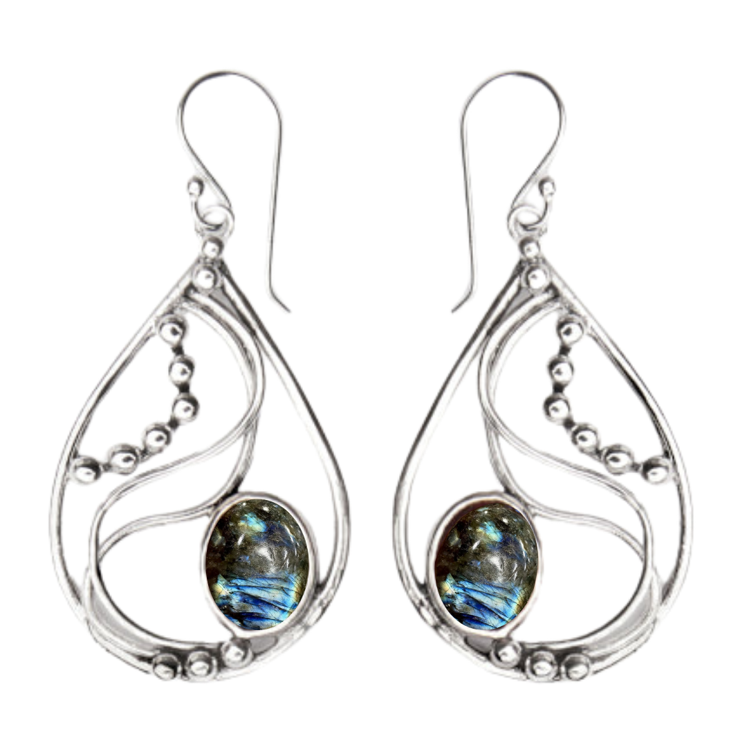 The Phoenix Earrings by Gallardo & Blaine Designs feature teardrop-shaped sterling silver with swirling lines, bead accents, and an oval iridescent gemstone set near the bottom center.