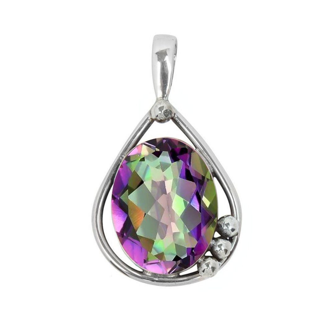 The Poppy Pendant Small by Gallardo & Blaine Designs features a teardrop-shaped sterling silver and gold design with a large, faceted gemstone in iridescent purple, green, and yellow hues, accented by three small silver beads.