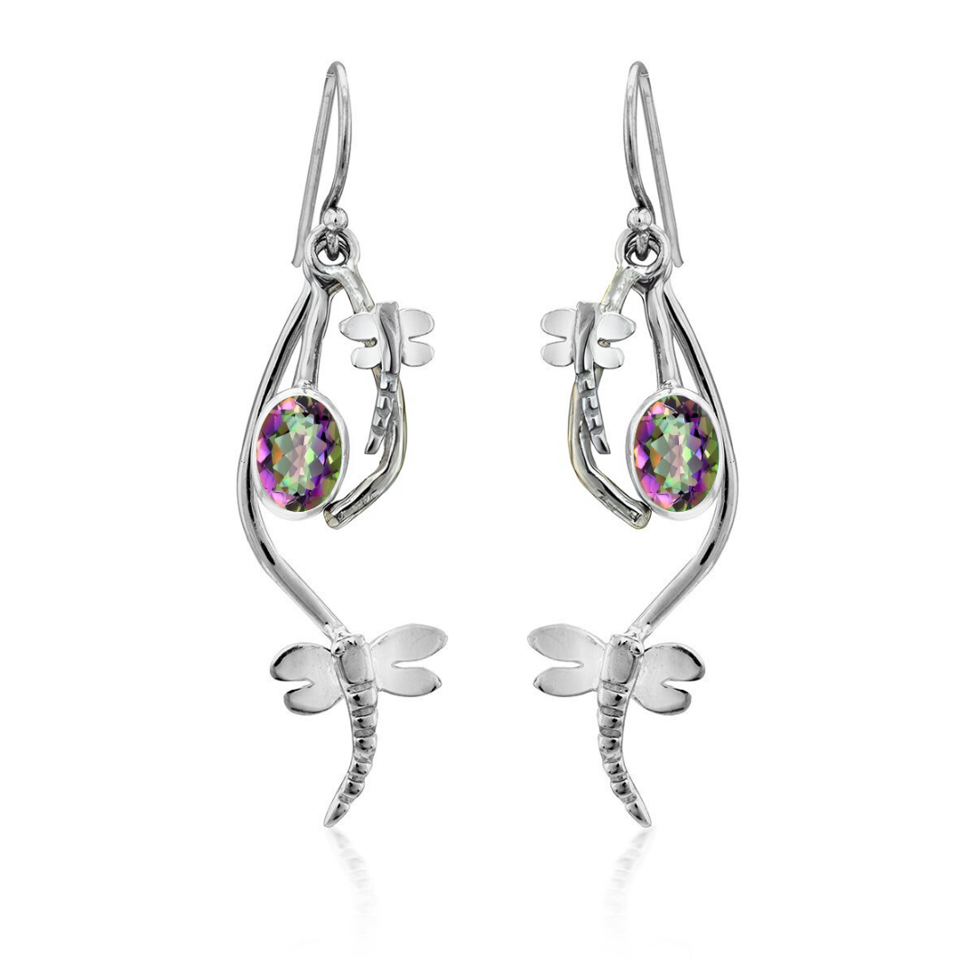 The Ripple Earrings by Gallardo & Blaine Designs feature oval, multicolored gemstones and sterling silver dragonfly accents, offering a whimsical, elegant touch to any look.