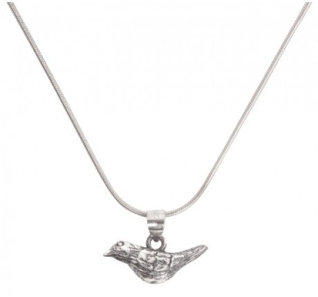 The Watermelon Tropical Wildlife Pendant - Robin with Chain is a silver necklace featuring a small bird pendant, ideal for bird lovers, displayed against a white background.
