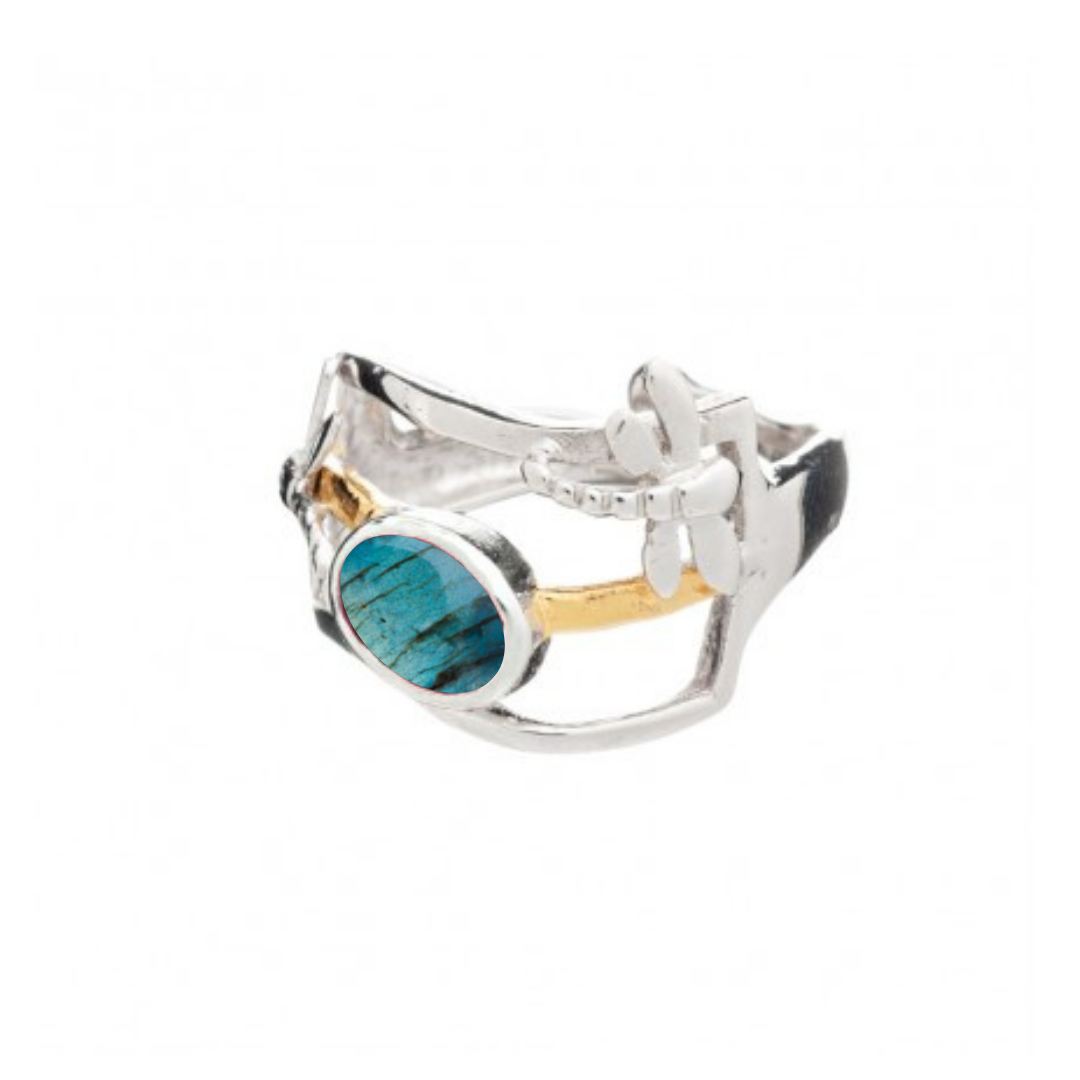 The Small Dragonfly Ring by Gallardo & Blaine Designs features an abstract open silver design, a choice of gemstone, and a delicate dragonfly accent on one side for an elegant, nature-inspired look.