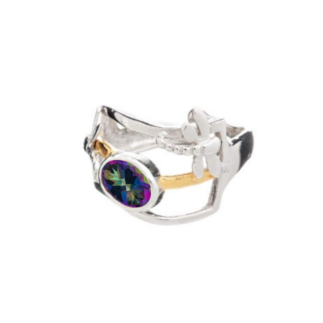 The Small Dragonfly Ring by Gallardo & Blaine Designs features a silver and gold plated open band with a dragonfly and an oval multicolored gemstone—perfect for unique jewelry lovers. Shown on a white background.