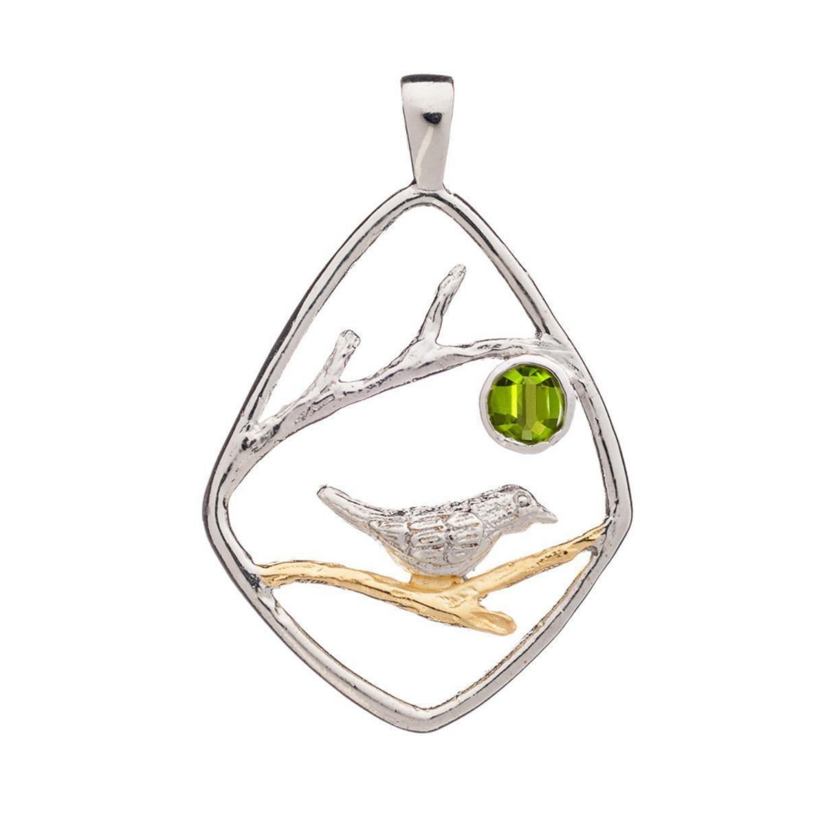 An elegant Song Bird Pendant by Gallardo & Blaine Designs featuring a song bird perched on a golden branch within a diamond-shaped sterling silver frame. A green gemstone is set inside, depicting a sun or moon. Delicate branches extend across the design, 