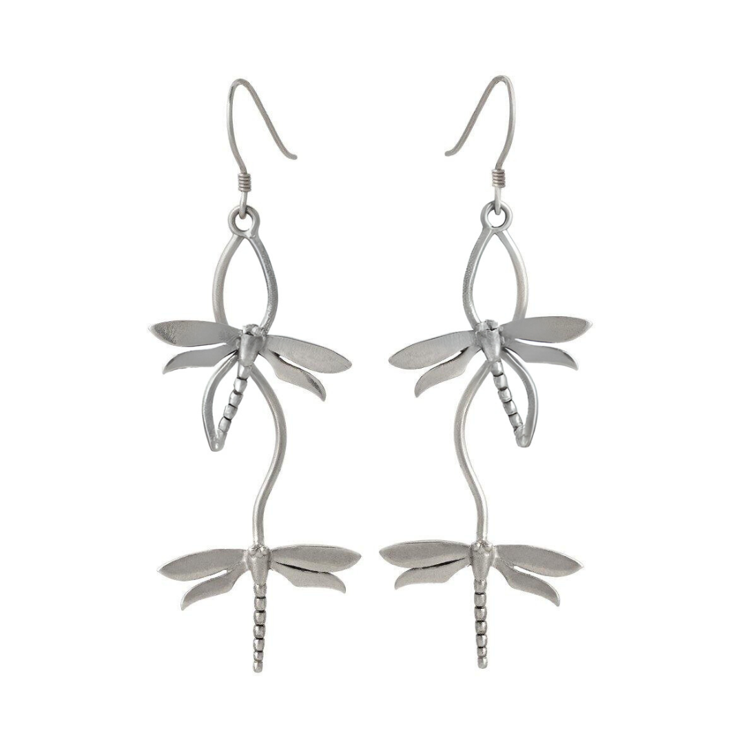 The Watermelon Tropical Wildlife Bullrush Earrings in silver or gold feature nature-inspired charms stacked vertically, with detailed wing and body designs—a stunning pair for anyone who loves unique jewelry.