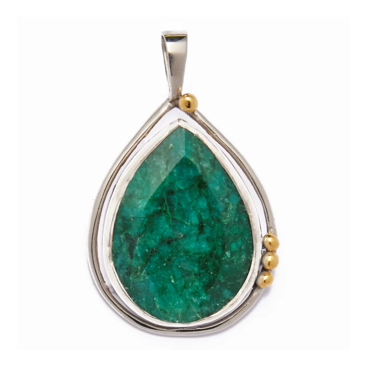 The Poppy Pendant Large in various gemstones by Gallardo & Blaine Designs features a teardrop-shaped design with a large, green labradorite stone at its center, encased in a sterling silver frame. Adorned with small gold accents on one side, it creates an