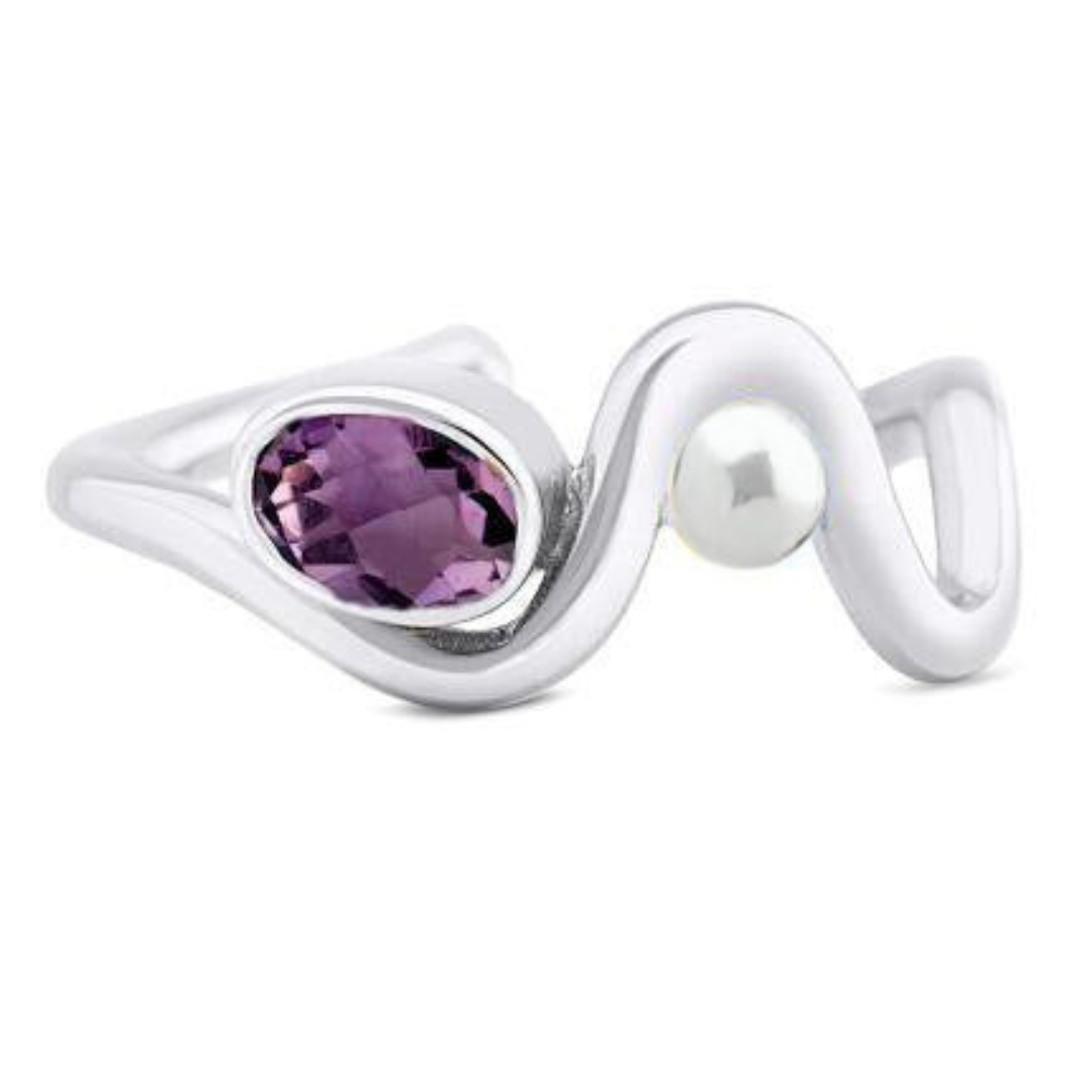 The Adjustable Heartbeat Ring by Gallardo & Blaine Designs features a sterling silver band with an abstract wavy design, showcasing an oval purple gemstone on one side and a small round pearl on the other, ideal for those who love modern, unique jewelry w