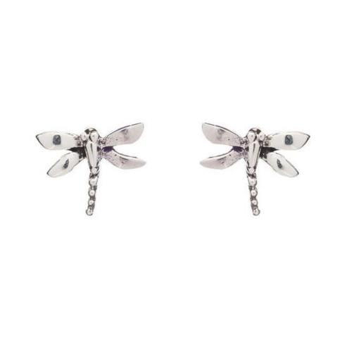 The Wildlife Small Dragonfly Studs by Watermelon Tropical, available in silver or gold, feature detailed wings and textured bodies, shown against a plain white background.