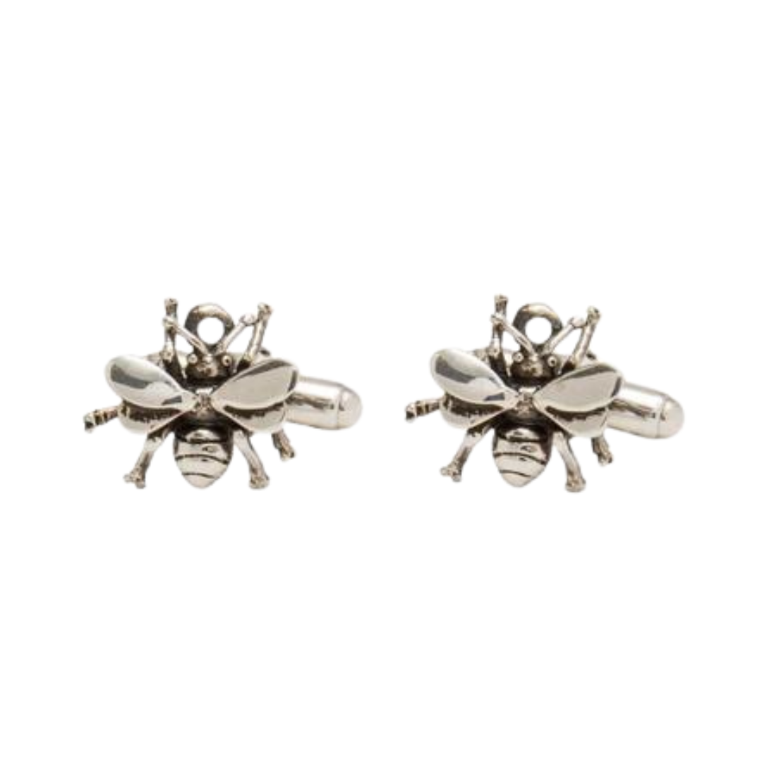 Watermelon Tropical Wildlife Bee Cufflinks: silver-colored metal charms with intricate wings and bodies, ideal for wildlife lovers or as unique bee-themed accessories.