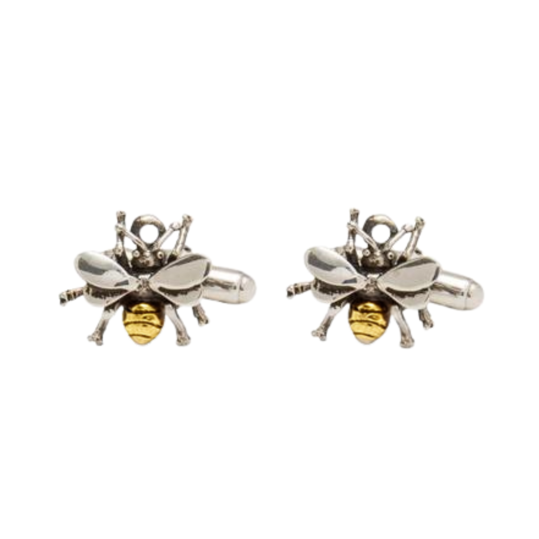 A pair of Watermelon Tropical Wildlife Bee Cufflinks, crafted with sterling silver wings and legs, gold-toned striped abdomens, and displayed on a white background.