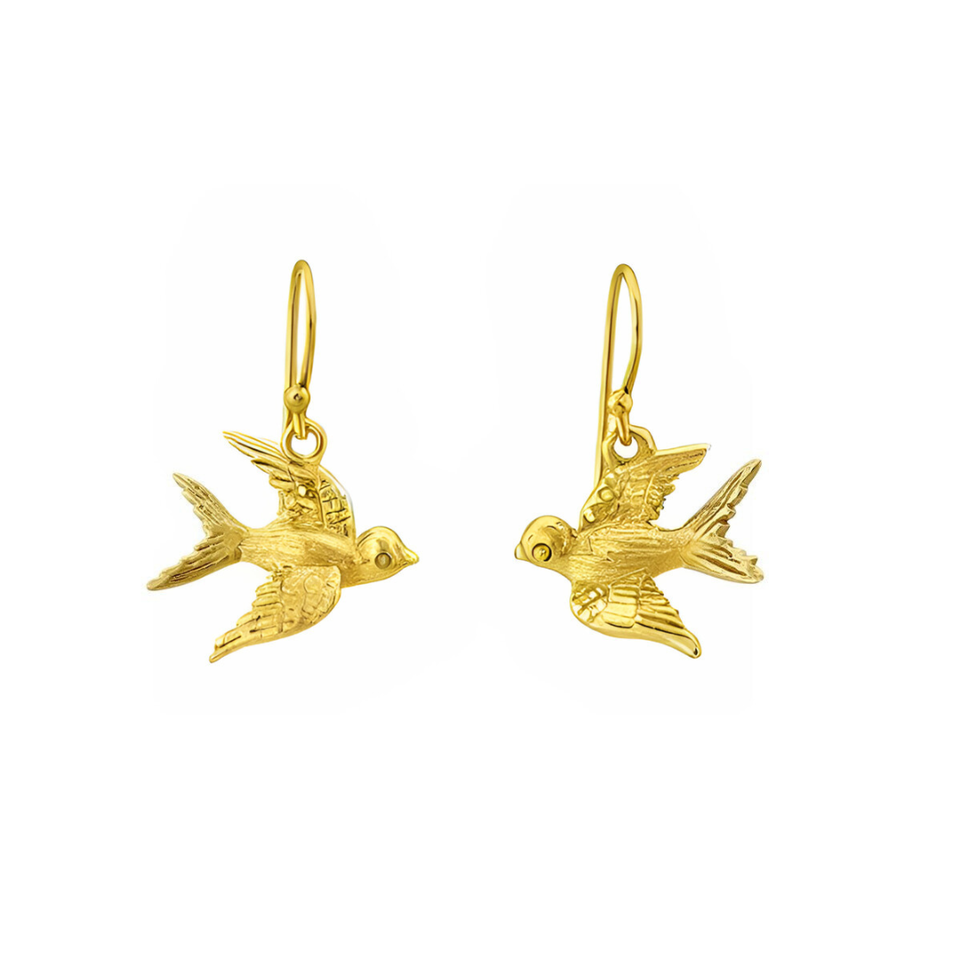Watermelon Tropical’s Wildlife Swallow Dangle Earrings (Silver or Gold) feature outward-facing flying birds with detailed wings and tails—a perfect gift for nature lovers, showcased on a plain white background.
