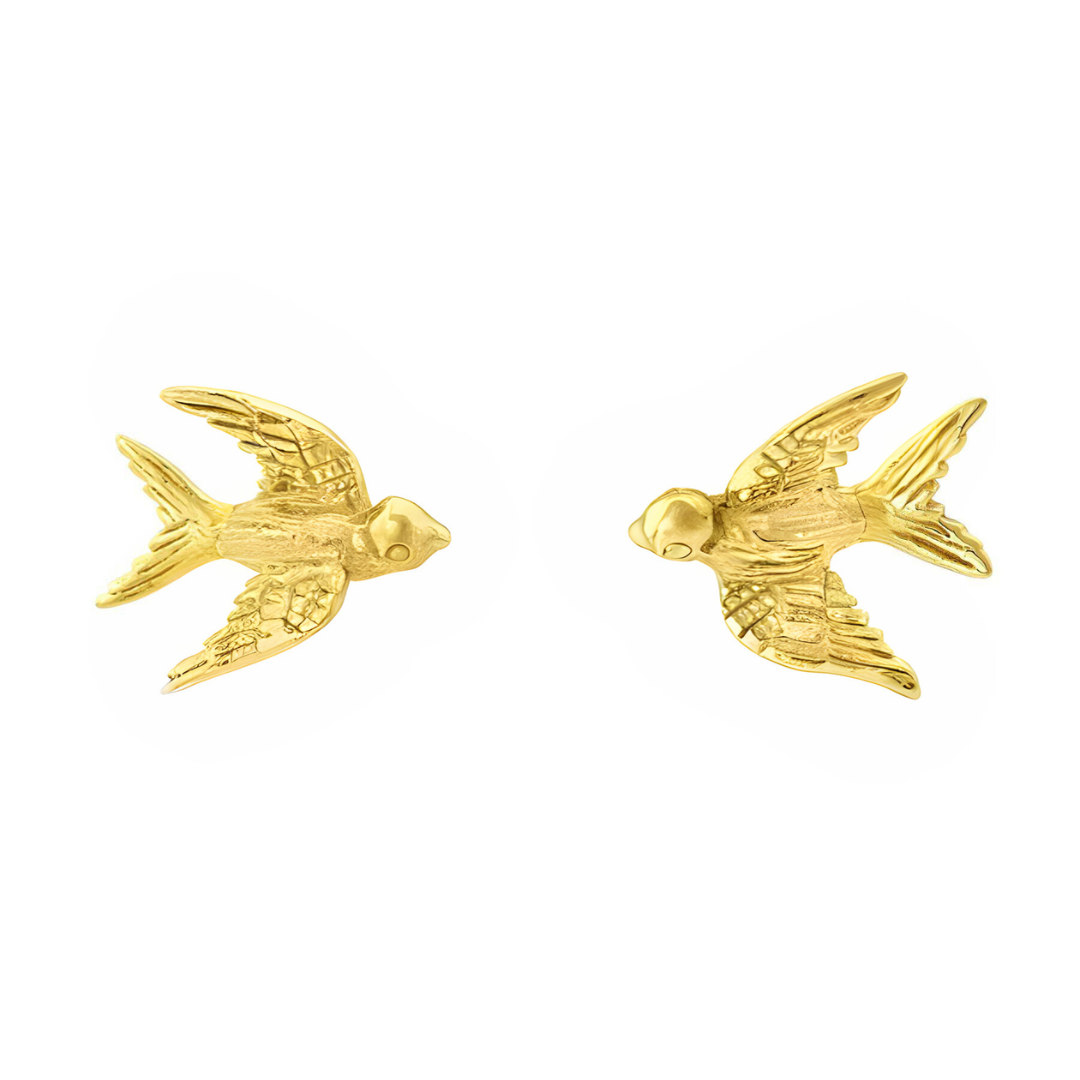 The Watermelon Tropical Wildlife Swallow Studs (Silver or Gold) feature two bird-shaped earrings, facing each other with detailed wings and tails, capturing a touch of Irish charm.