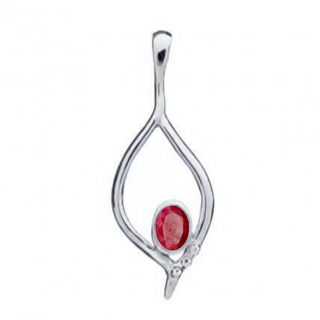 The Desert Flame Pendant by Gallardo & Blaine Designs is a silver masterpiece shaped like an abstract teardrop or leaf with a central red gemstone, featuring a sleek modern design and art nouveau-inspired accents for timeless elegance.
