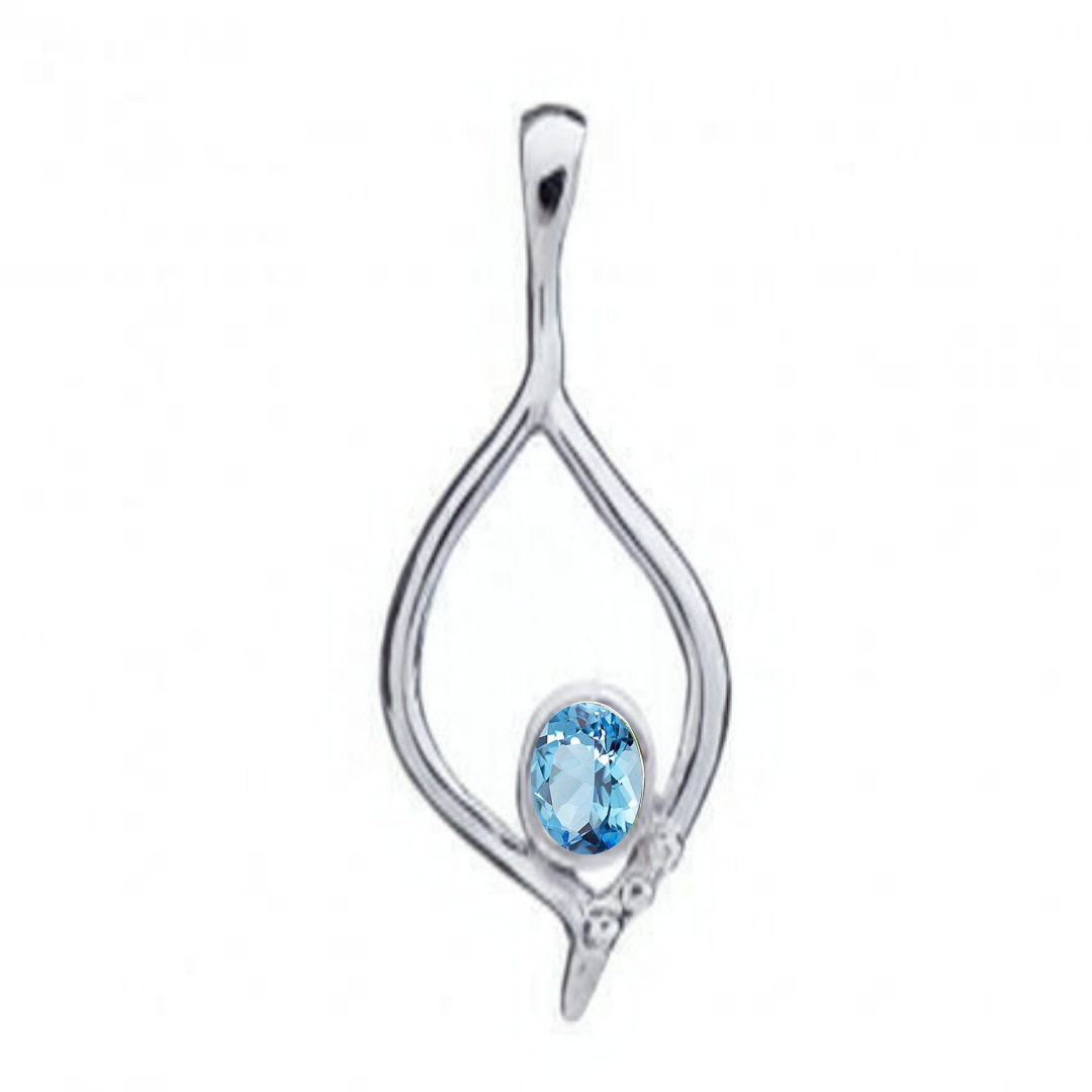 The Desert Flame Pendant by Gallardo & Blaine Designs features an art nouveau silver teardrop with a round blue gemstone at the bottom center, shown on a white background.