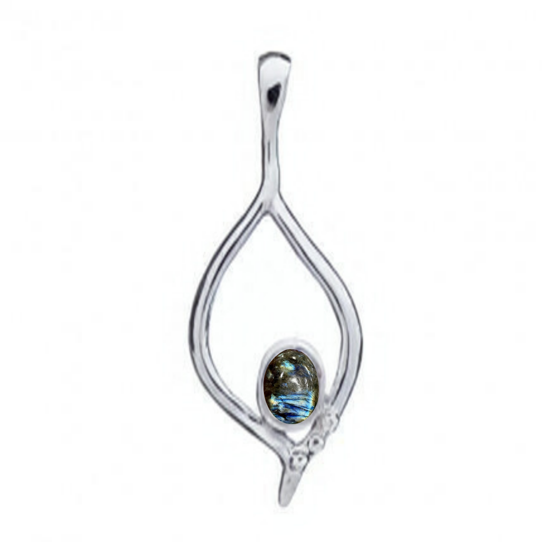 Introducing the Desert Flame Pendant by Gallardo & Blaine Designs: a silver piece featuring an abstract, leaf-shaped design with an oval, multicolored gemstone at its center, showcasing blue and green hues. Its art nouveau style is enriched with delicate 