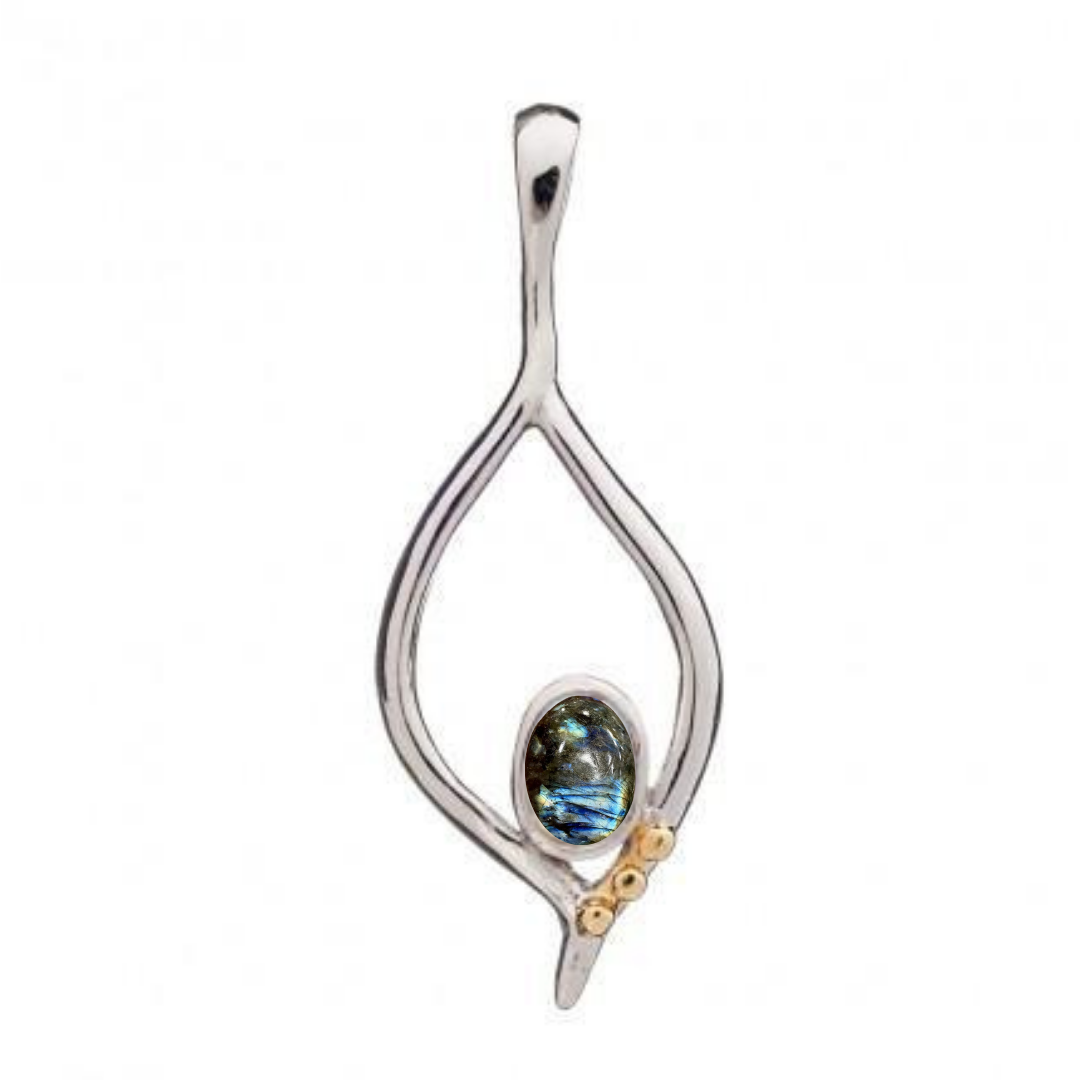 The Desert Flame Pendant from Gallardo & Blaine Designs is a silver piece shaped like an elongated leaf with an oval blue gemstone at its center, adorned with three gold orbs, showcasing art nouveau elegance.
