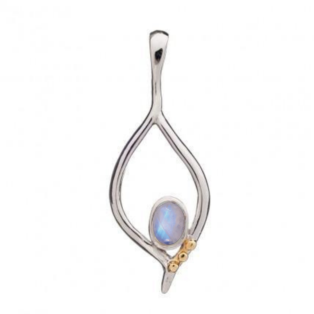 The Desert Flame Pendant from Gallardo & Blaine Designs displays art nouveau elegance with an abstract silver design, featuring a central moonstone gemstone and small gold accents, all set against a plain white background.