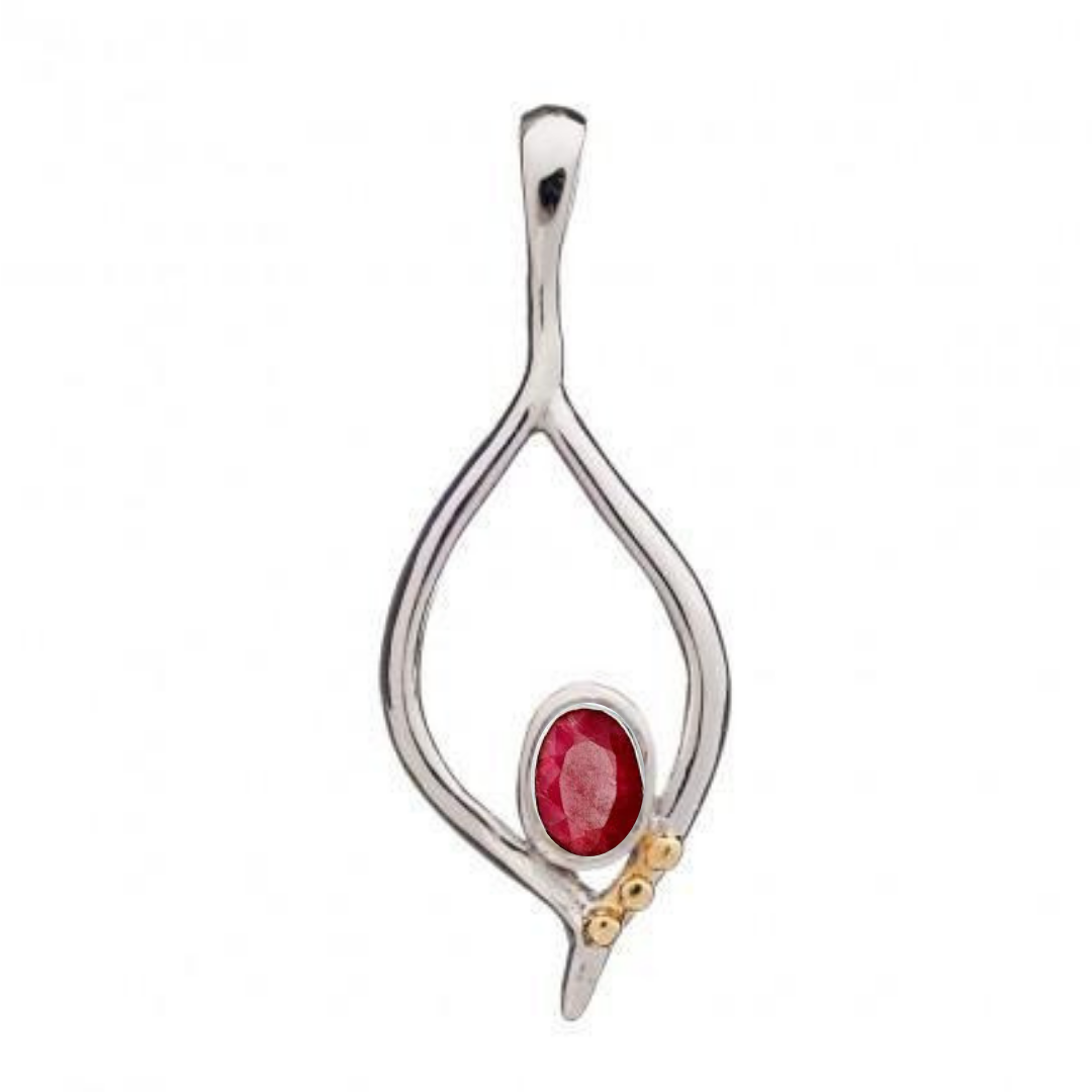 The Desert Flame Pendant by Gallardo & Blaine Designs features an art nouveau silver, leaf-like design with your choice of gemstone and gold bead accents, all set against a plain white background.