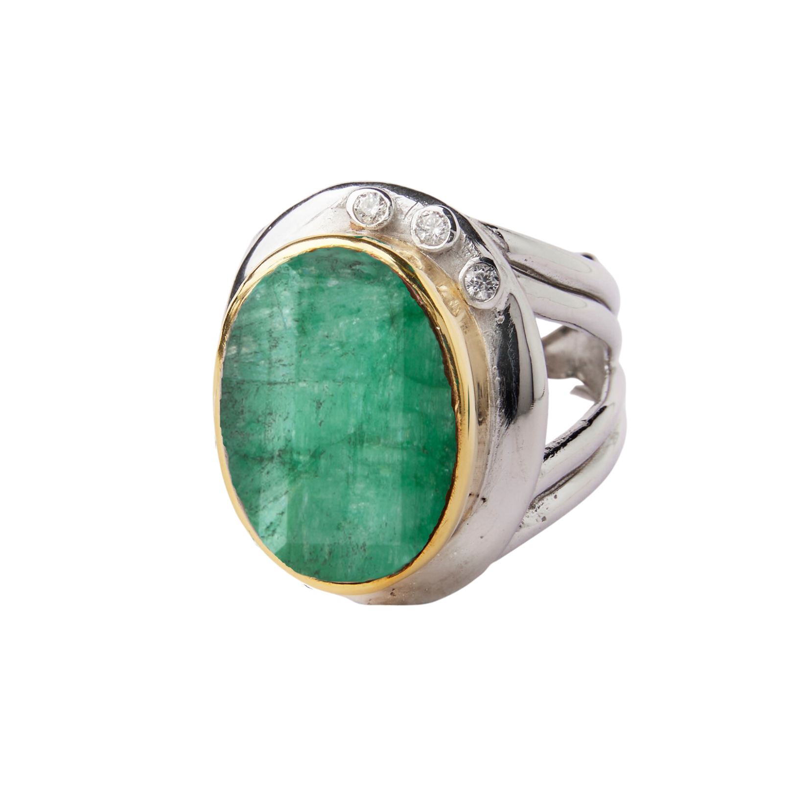 The Eyetelia Ring by Gallardo & Blaine Designs features a bold oval green emerald bezel-set in sterling silver gold vermeil, accented with three round diamonds on the top edge.