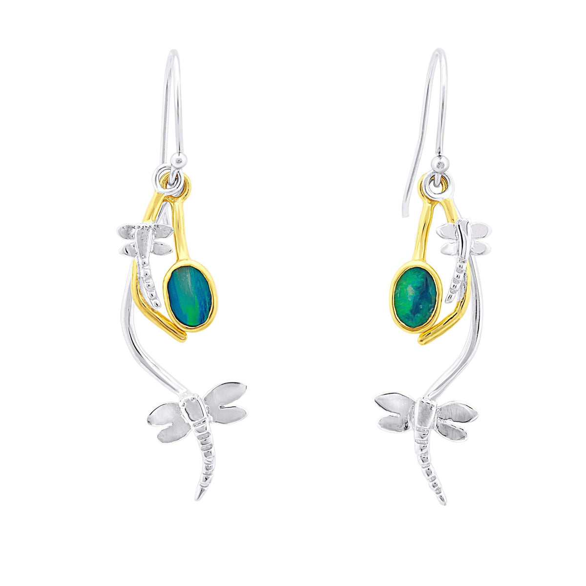 A pair of Ripple Earrings in various gemstones by Gallardo & Blaine Designs featuring a dragonfly design. Each earring has a small, oval-shaped green gemstone set in a gold accent, with a dragonfly figure extending below. They have hook-style clasps for w