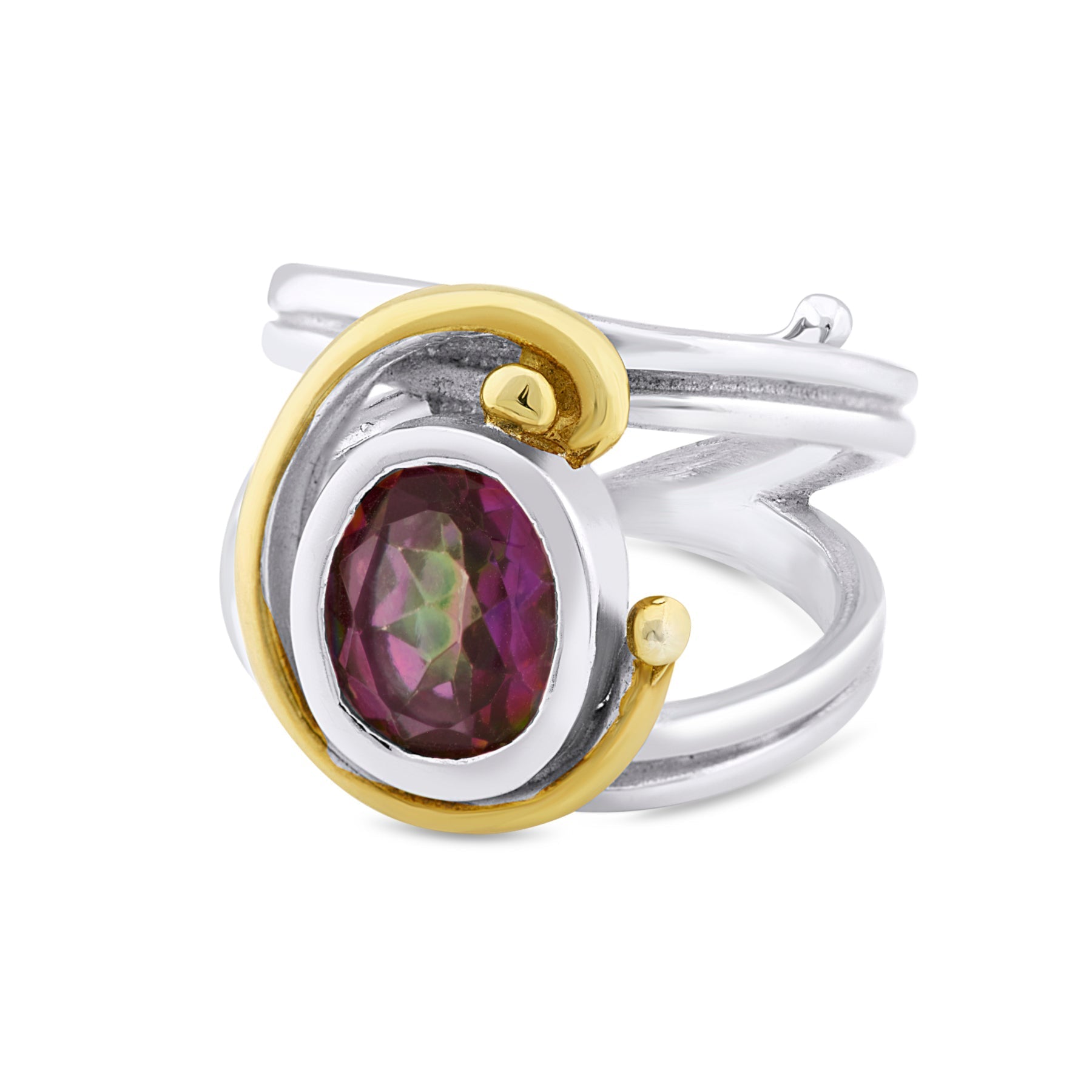 A silver Art Nouveau ring featuring an oval, faceted, multicolored gemstone set in the center. The gemstone is encircled by a gold swirl design that wraps around the adjustable band, creating an elegant and modern look. This exquisite piece is called the 