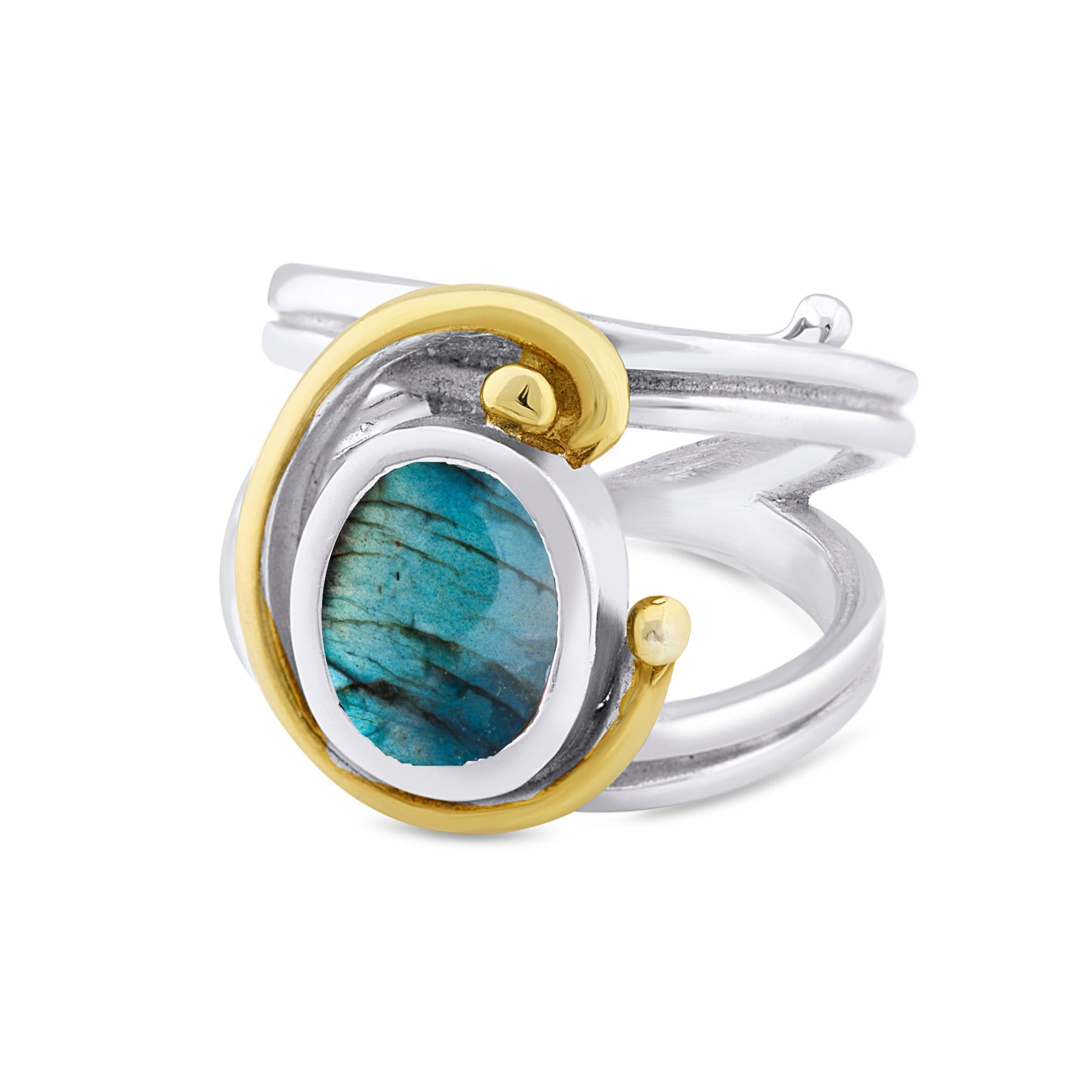 A silver and gold Jasmine Ring in various gemstones by Gallardo & Blaine Designs featuring an oval-shaped, polished blue-green stone set in a swirl design. The band is silver with a smooth finish, accented by a gold loop encircling part of the stone. The 