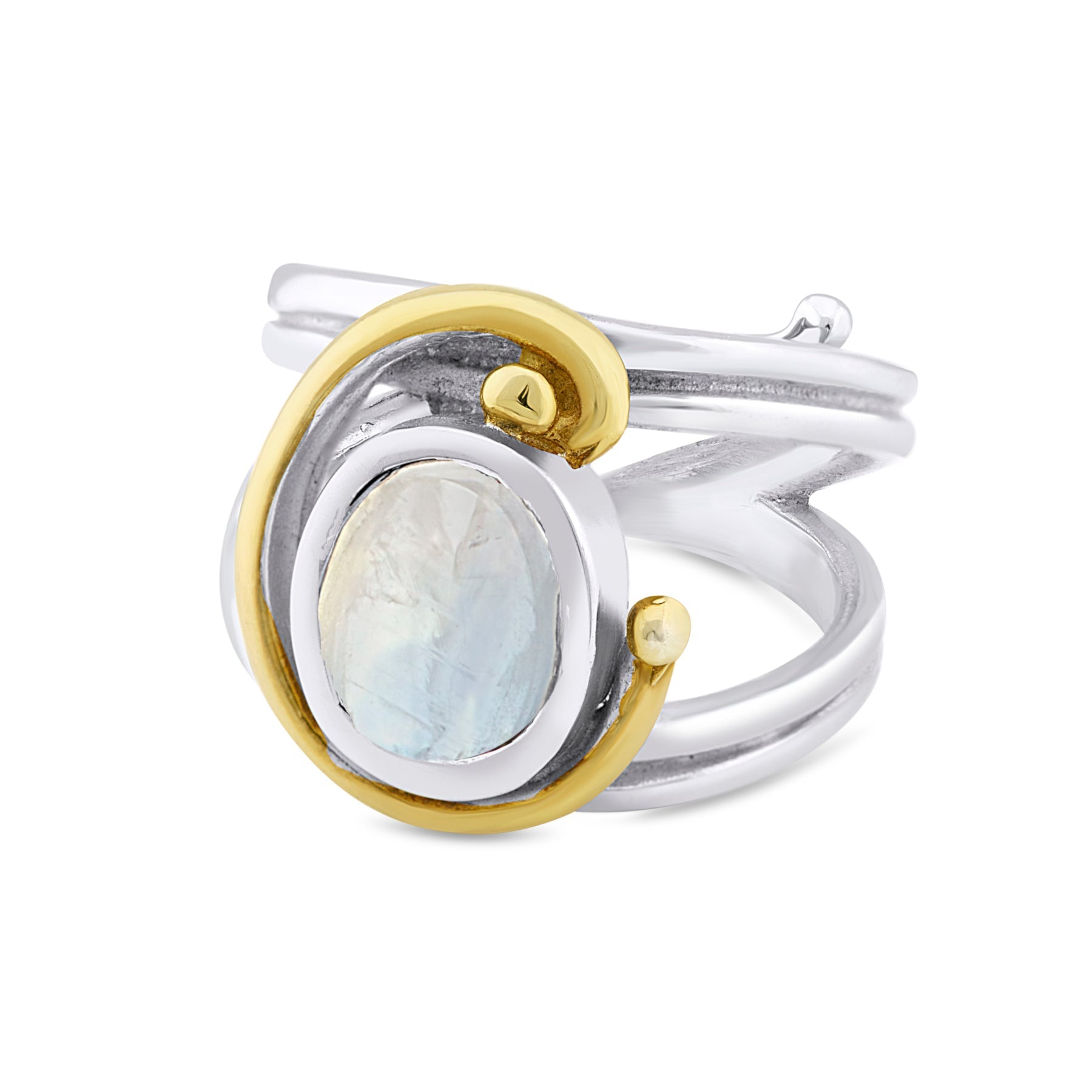 An elegant Jasmine Ring in various gemstones featuring an oval moonstone gemstone set in the center. Surrounding the stone is a distinctive gold swirl design that wraps around both sides of the band, adding a unique artistic touch. The wide, polished band