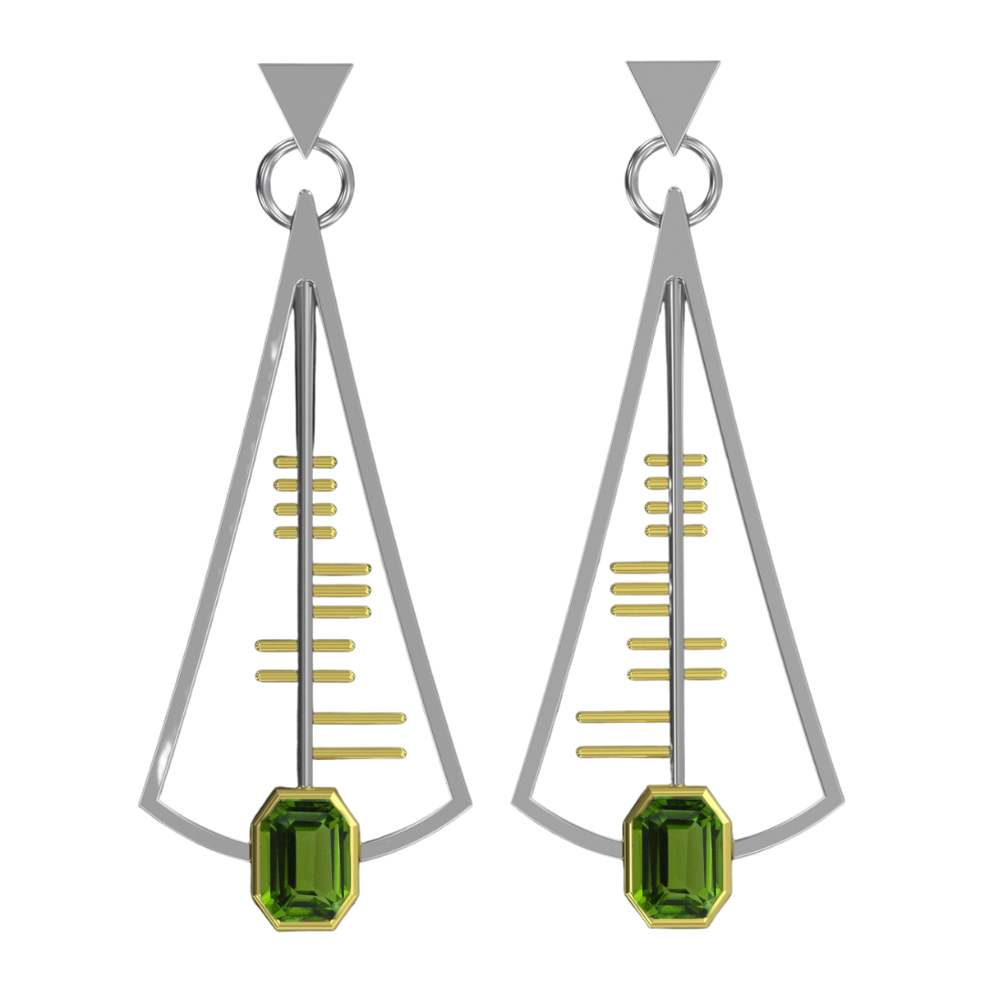 The Adeline Earrings by Gallardo & Blaine Designs are modern beauties featuring a sleek, triangular sterling silver frame. Inside the frame are gold vertical lines resembling a ladder, topped off with a green rectangular gemstone at the bottom. A small tr