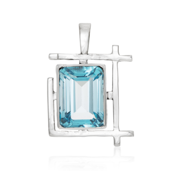 A stunning Art Deco Pendant in various gemstones by Gallardo & Blaine Designs featuring a rectangular blue gemstone set in a geometric sterling silver frame. The frame consists of intersecting straight lines, creating a modern and artistic design. The fac