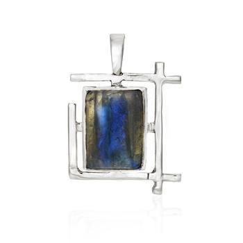 A silver rectangular Art Deco Pendant in various gemstones with a geometric frame, reminiscent of Art Deco design, holds a labradorite gemstone. The stone displays iridescent blue and green hues. Crafted from sterling silver, the pendant features a small 