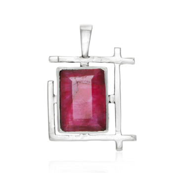 A stunning Art Deco Pendant in various gemstones featuring a rectangular, deep pink gemstone set in a modern, geometric sterling silver frame. The silver setting surrounds the gemstone with angular, open rectangular shapes. This clean, polished piece from