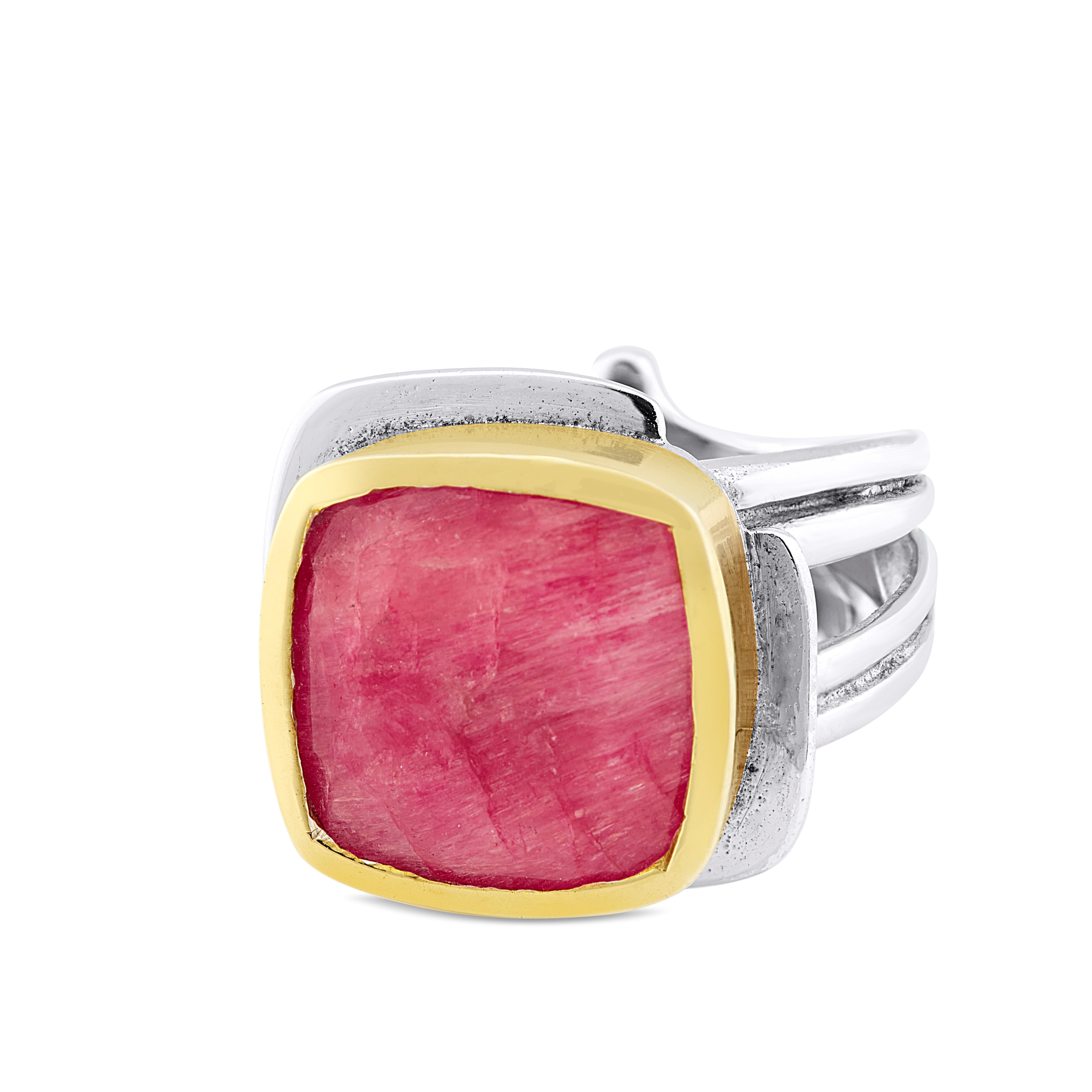 A sterling silver Gallardo & Blaine Designs Art Deco Ring in Silver Gold & various gemstones featuring a large, square-cut pink gemstone bordered with a gold vermeil bezel setting. The band of this Art Deco ring consists of multiple intertwined silver str