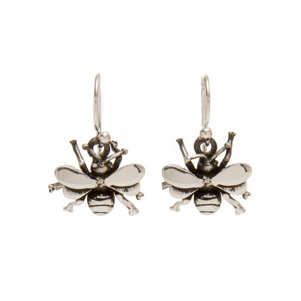 Wildlife Bee Dangle Earrings by Watermelon Tropical (Silver or Gold) feature detailed bees with textured wings, legs, and striped bodies on hooks. Shown against a white background—ideal for nature and wildlife jewelry lovers.