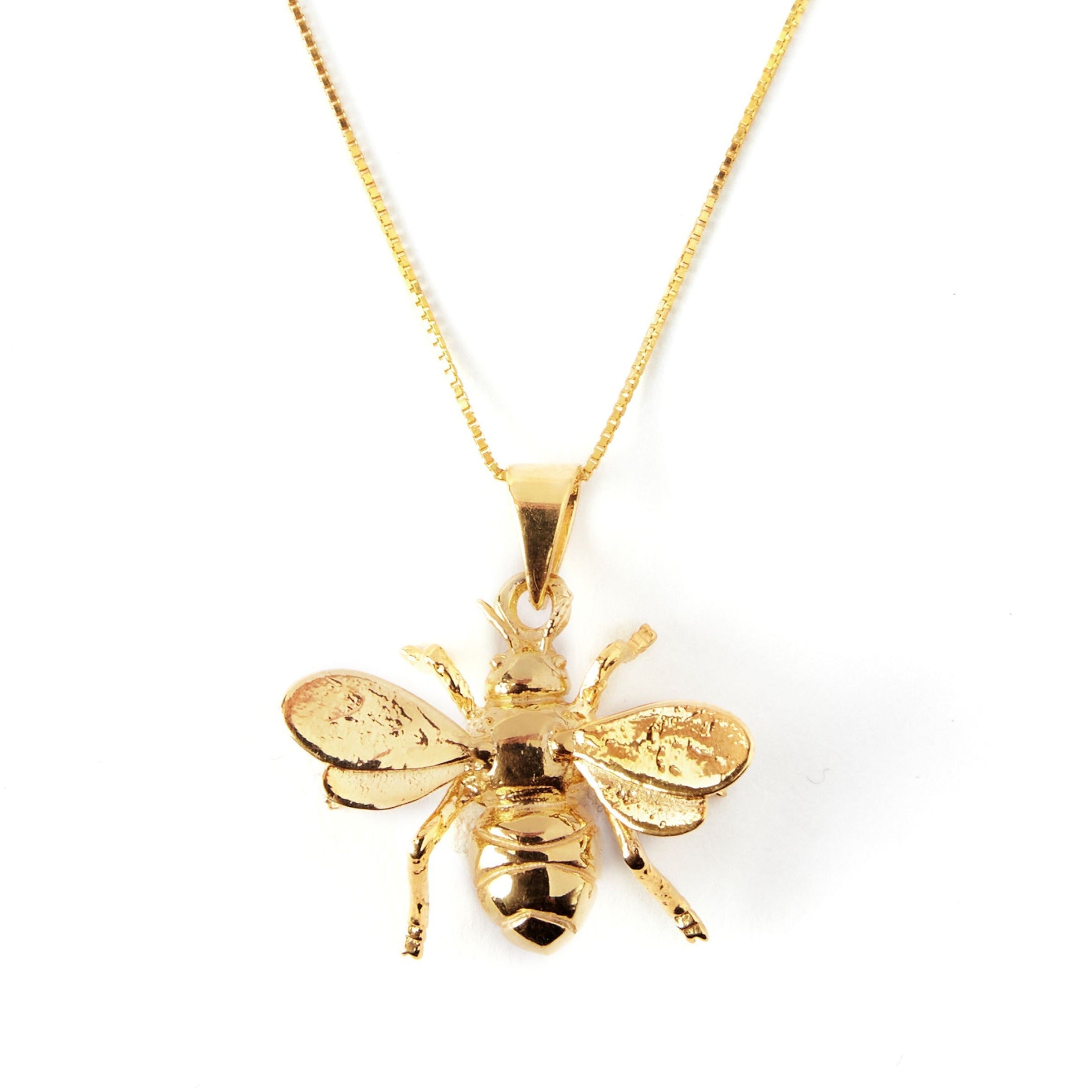 The Watermelon Tropical Wildlife Pendant - Large Bee With Chain is a gold-plated necklace with a detailed bee pendant, featuring textured wings and displayed against a white background.