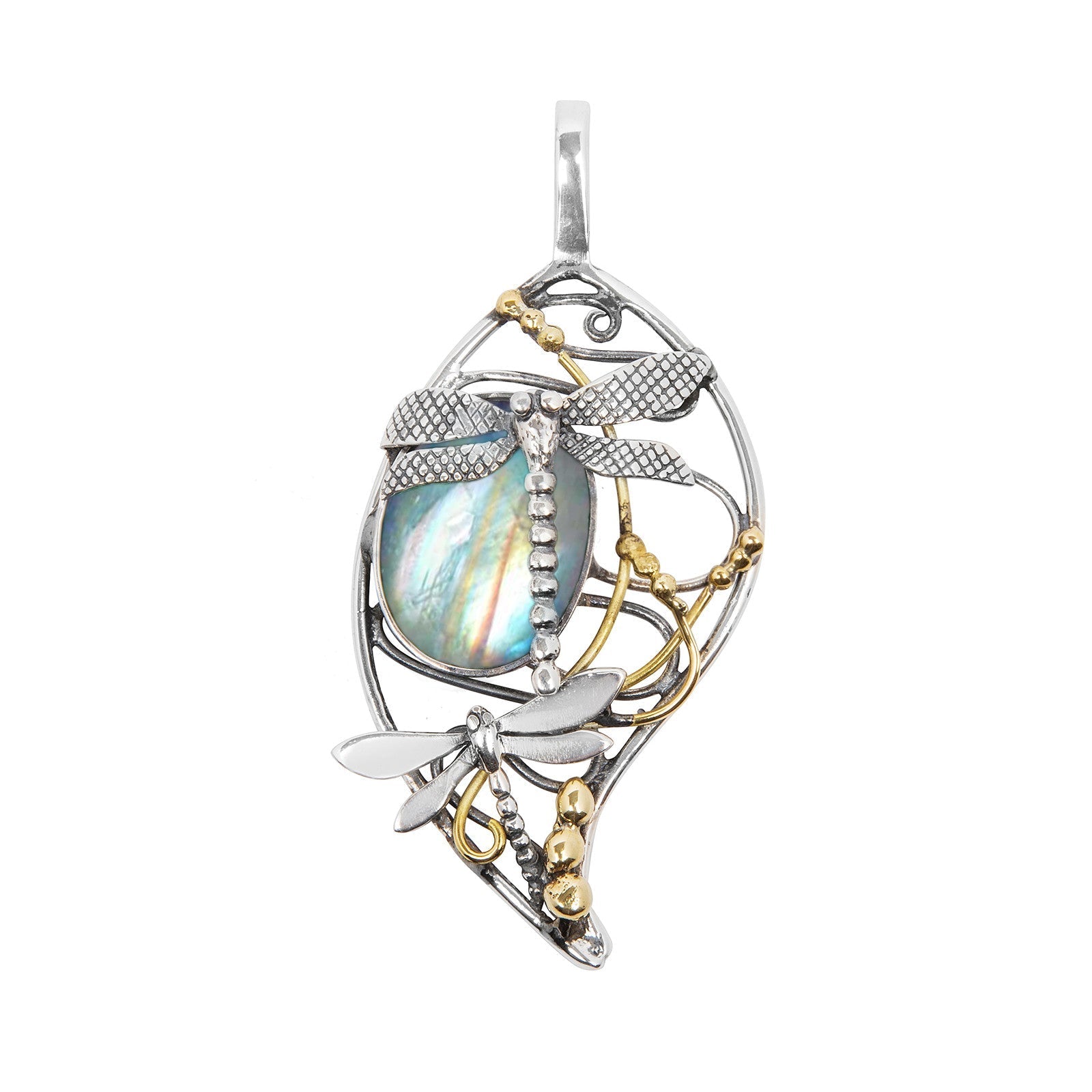 The Bullrush Pendant in various gemstones by Gallardo & Blaine Designs showcases a dragonfly motif, detailed metalwork, and silver and gold accents—a distinctive piece for dragonfly jewelry lovers.