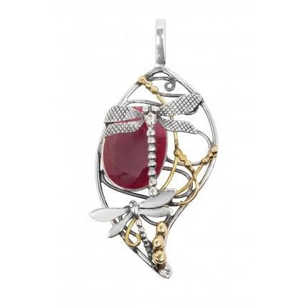 The Gallardo & Blaine Designs Bullrush Pendant features two silver dragonflies on a leaf-shaped frame with gold accents and a vibrant central gemstone—an exquisite piece of dragonfly jewelry available in various gemstones.