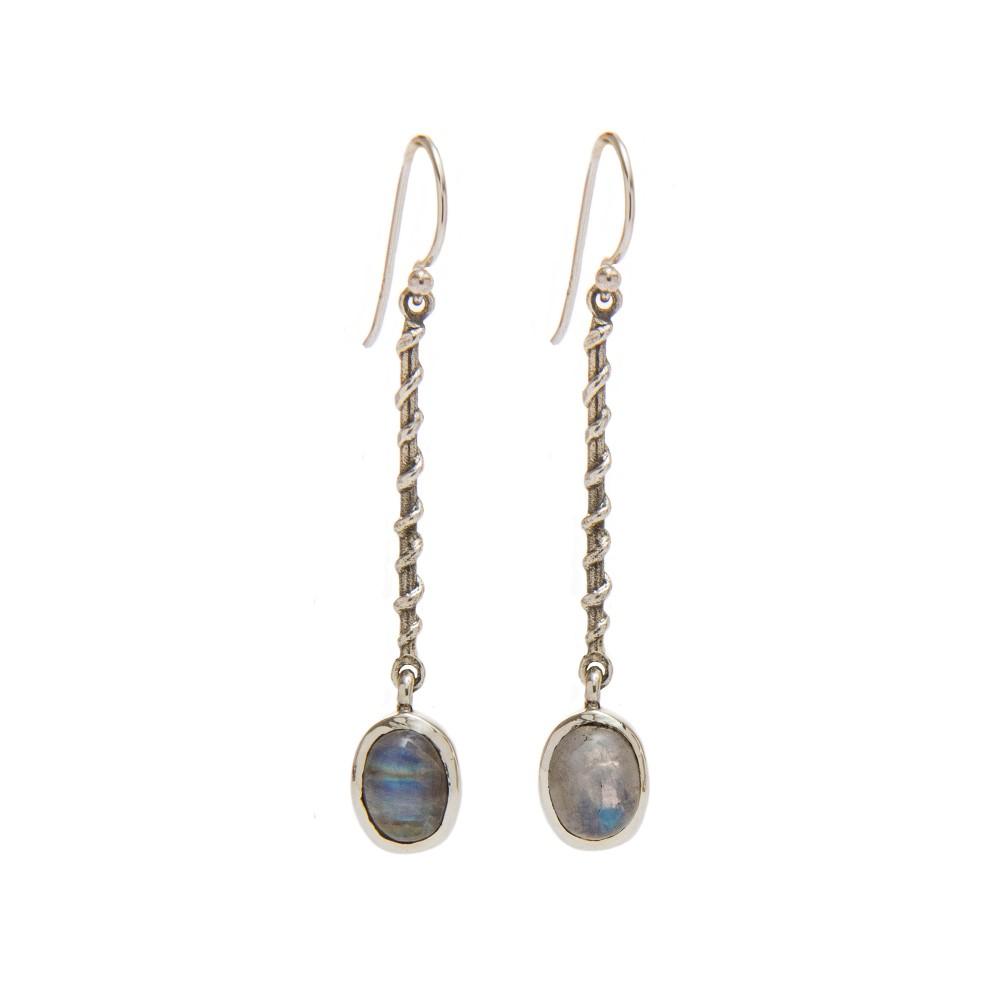 A pair of elegant Clematis Earrings in various gemstones by Gallardo & Blaine Designs featuring long, twisted metal rods with ovular labradorite gemstones at the ends. The sterling silver design includes fish hook-style backs for wearing, and the pretty g