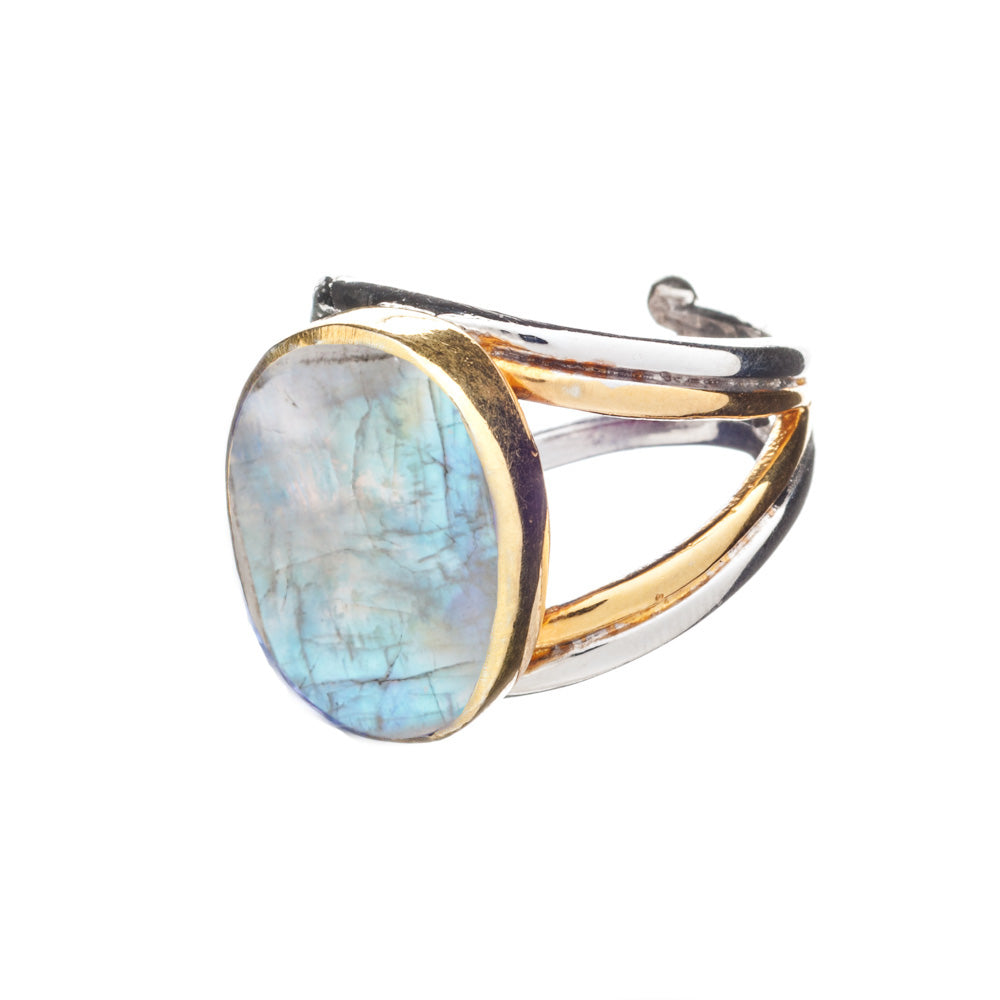 The Dewberry Ring in various gemstones by Gallardo & Blaine Designs features an oval, iridescent gemstone set in a golden bezel. The band, crafted from sterling silver and gold tones, boasts a split shank design converging at the gemstone setting. This ad