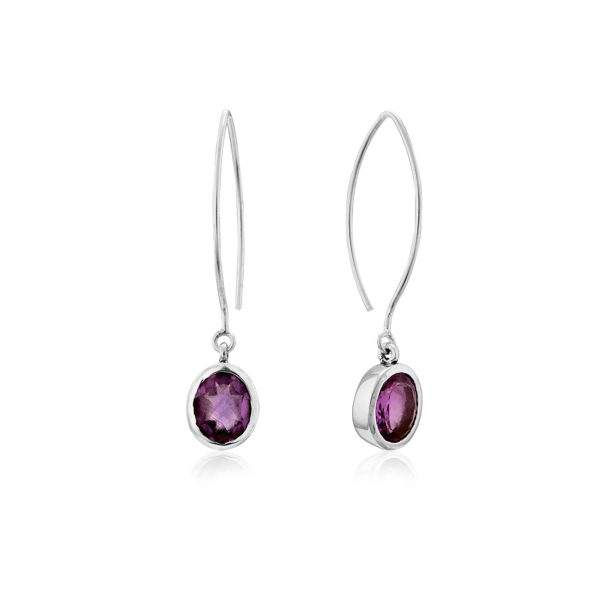 A pair of Dew Drop Earrings in various gemstones by Gallardo & Blaine Designs featuring round, faceted purple gemstones set in elegant sterling silver. The simple, curved hooks allow the gemstones to dangle freely, while the clean design emphasizes the vi