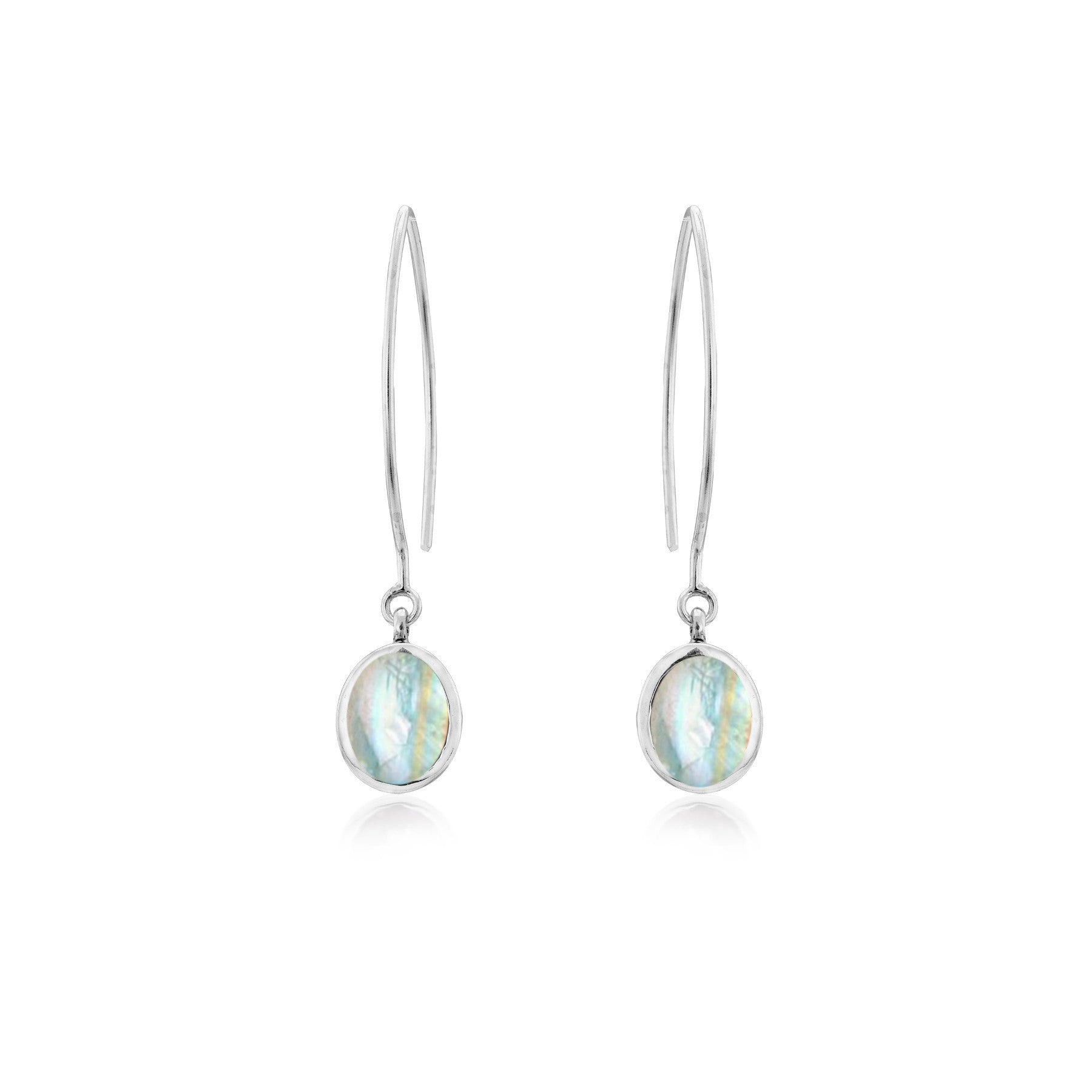 The Dew Drop Earrings in various gemstones by Gallardo & Blaine Designs feature oval-shaped, iridescent gemstones. The sterling silver earrings have a sleek and elegant design with a thin hook and a single hanging stone that reflects various shades of blu