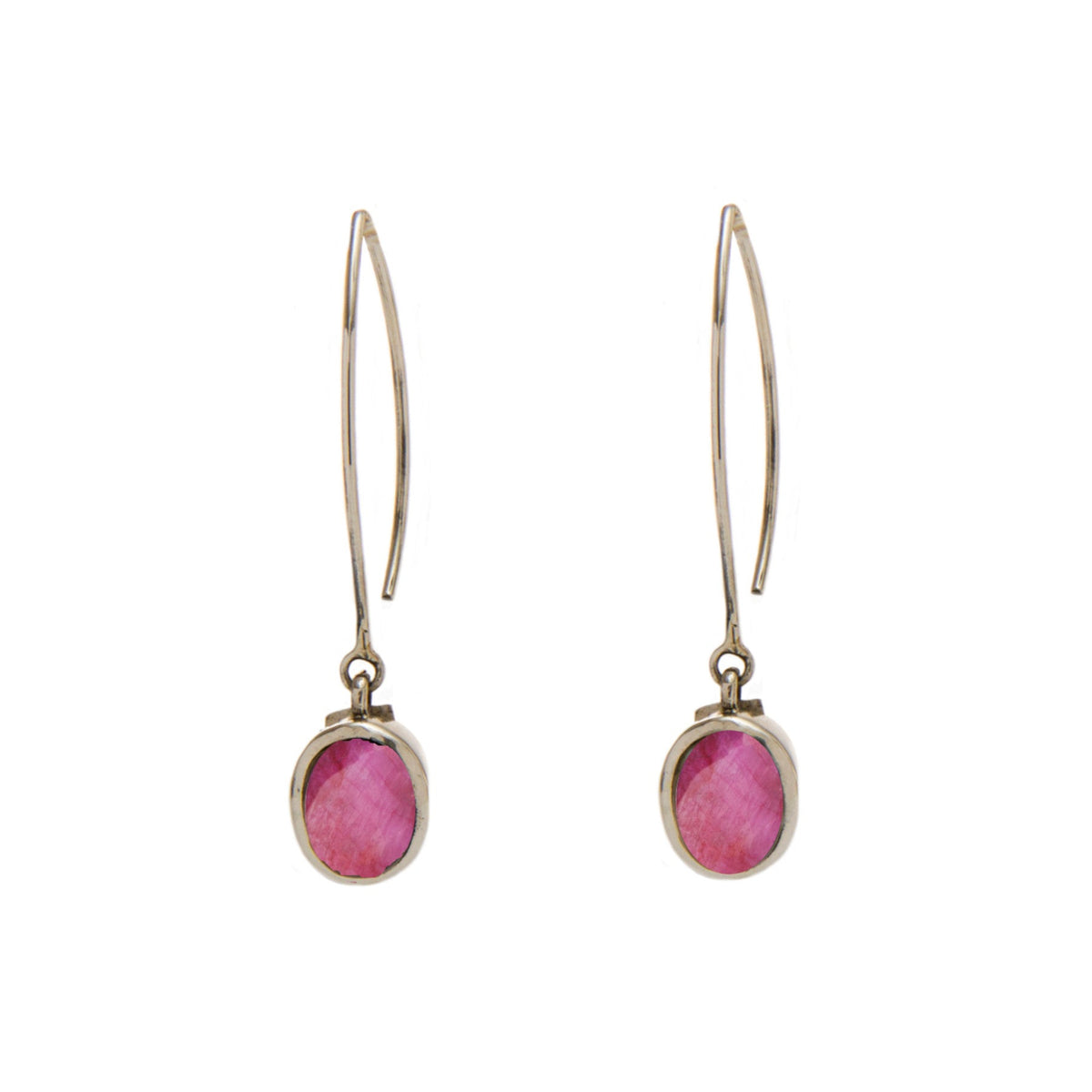 A pair of elegant Dew Drop Earrings in various gemstones with long, slender gold hooks from Gallardo & Blaine Designs. Each earring features an oval-shaped pink gemstone set in a gold bezel, dangling at the bottom. The gemstones have a faceted surface tha
