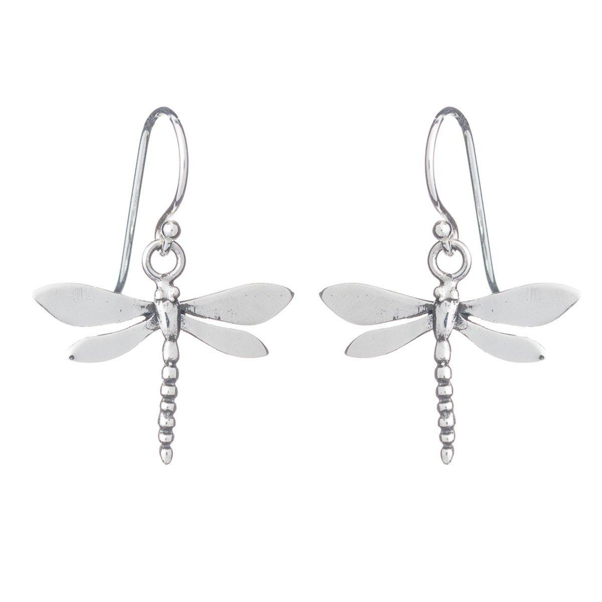 Discover the Wildlife Dragonfly Dangle Earrings by Gallardo & Blaine Designs, delicately crafted in sterling silver with intricate wings and detailed bodies. Each dragonfly gracefully hangs from a simple hook, embodying symbolic elegance with a polished m