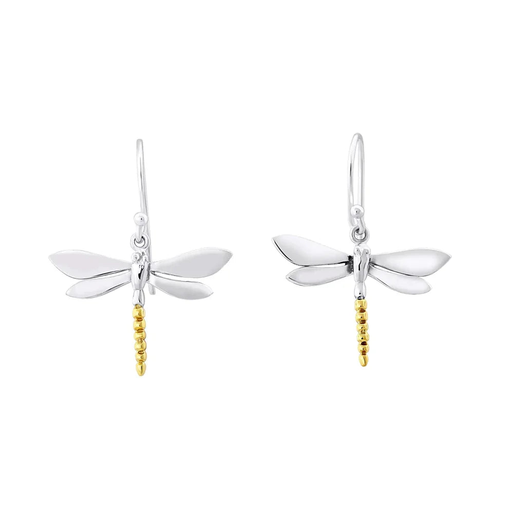 Watermelon Tropical's Wildlife Dragonfly Dangle Earrings (Silver or Gold) feature shiny wings and a segmented gold-toned body, adding a whimsical touch to any look. Lightweight and stylish, they're perfect for jewelry lovers. Shown on a white background.