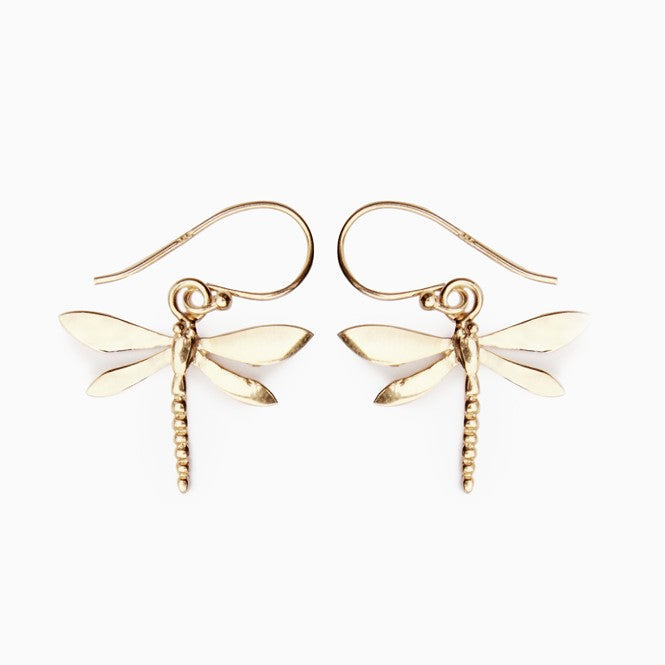 Wildlife Dragonfly Dangle Earrings by Watermelon Tropical, available in silver or gold, feature detailed wings and tails. Lightweight and elegant, they enhance any look. Shown on a white background.